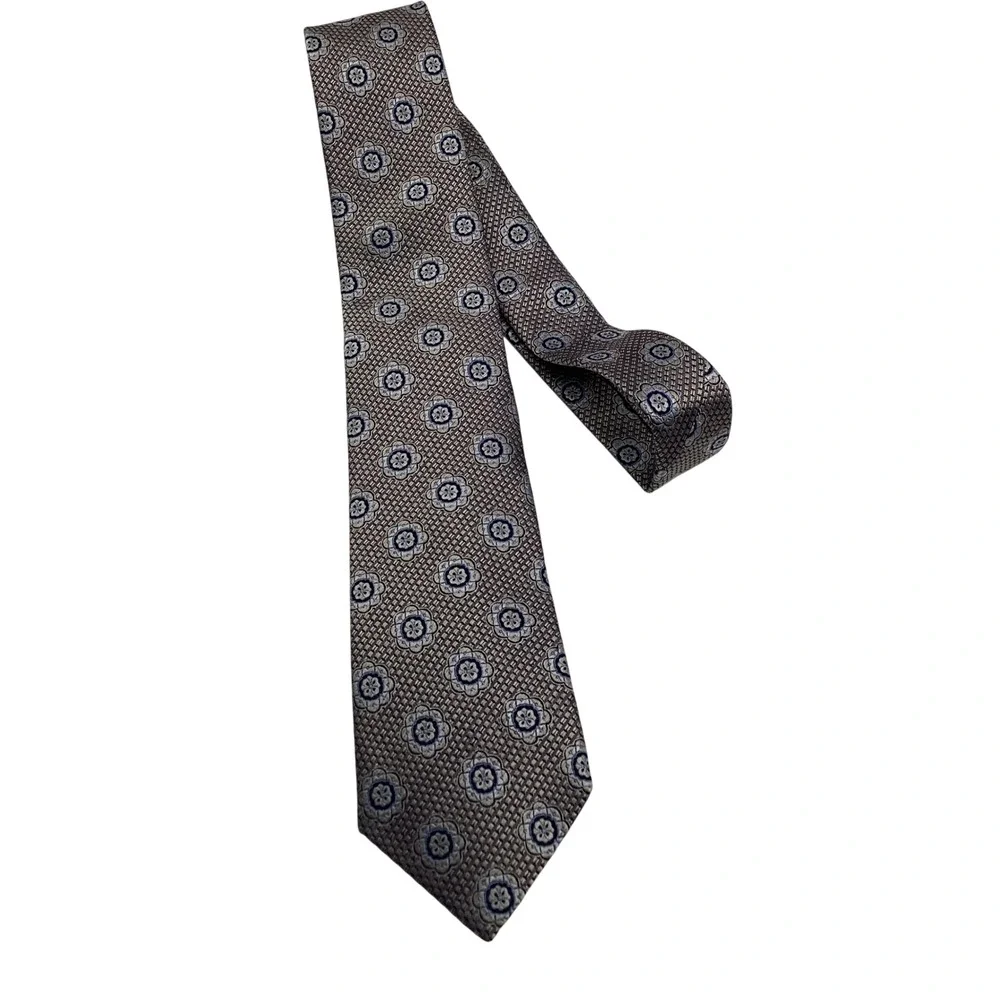 Tasso Elba Mens Silk Tie Brown Blue Geometric Floral Medallion‎ Classic Necktie